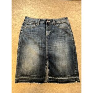 GAP Denim Skirt Raw Hem Mid Wash Stretch Jean Skirt | Unhemmed Style Size 8